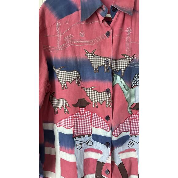 VTG Sandy Starkman Shirt Blouse Sz S Wearable Art Cotton Western Cowboy Horse - Picture 3 of 13